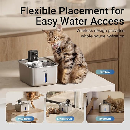 DownyPaws Cat Water Fountain Stainless Steel Wireless, 101 oz/3L FurSink Cordless Cat Water Dispenser for Pets, Battery Operated Dog Drinking Fountain with Motion Sensor, Easy Clean, Metal