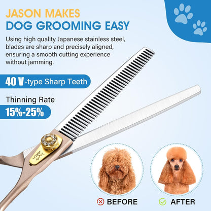 JASON Professional Dog Grooming Scissors - 7 Inch Thinning Shear Japanese 440C Stainless Steel Diamond Screw with 40 Teeth Dog Blender Scissors