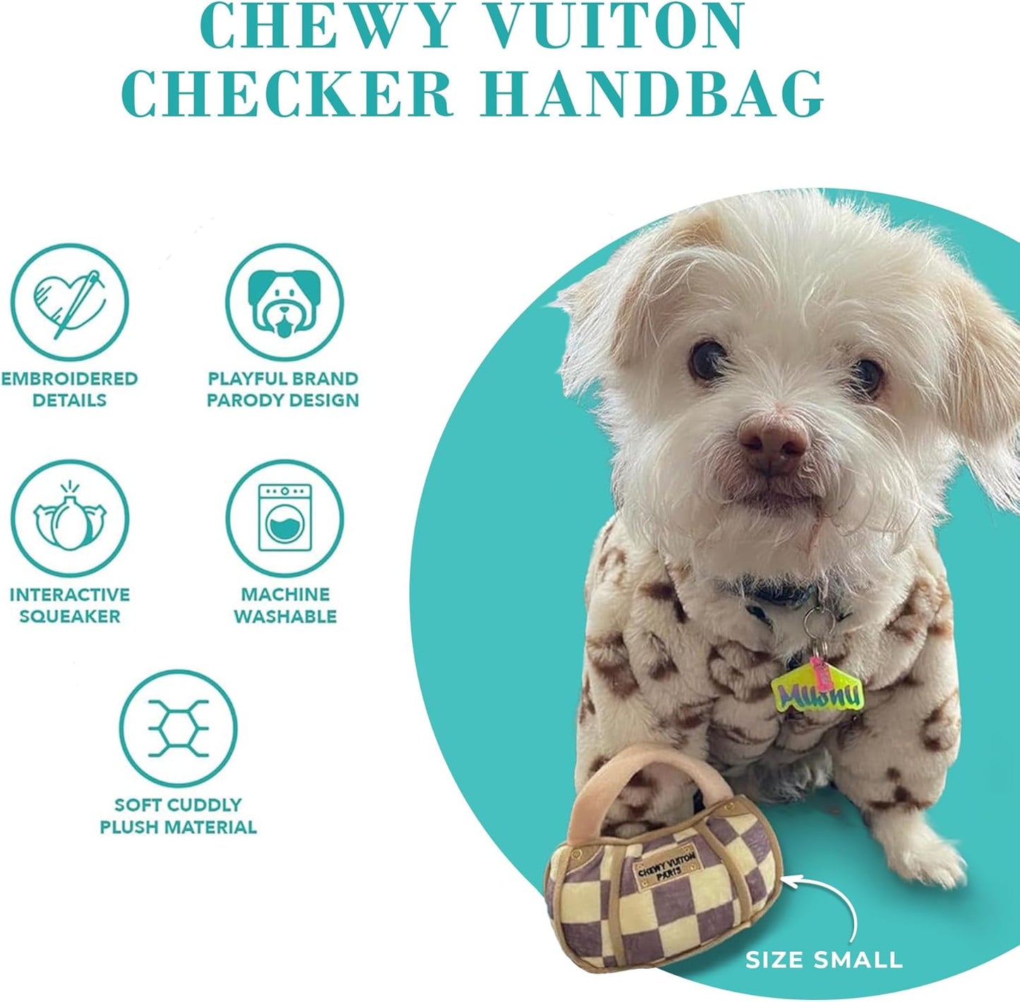 Haute Diggity Dog Checker Chewy Vuiton Handbag, Plush Designer Dog Toys with Interactive Squeaker, Stimulating Pet Enrichment, Machine-Washable & Safe Materials for All Breeds, Size Large