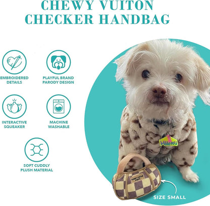 Haute Diggity Dog Checker Chewy Vuiton Handbag, Plush Designer Dog Toys with Interactive Squeaker, Stimulating Pet Enrichment, Machine-Washable & Safe Materials for All Breeds, Size Large