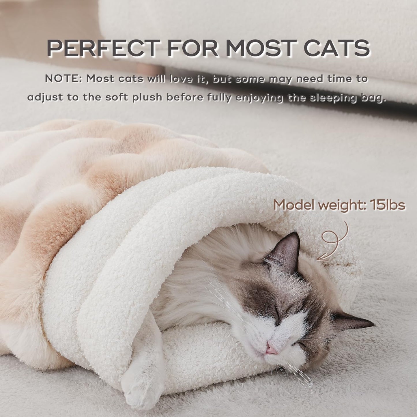 4 in 1 Cat Sleeping Bag 360° Wrap Cat Bed Plush & Warm Winter Sleeping Bag for Small Pets (Up to 15 lbs) Beige 21 × 17 Inch