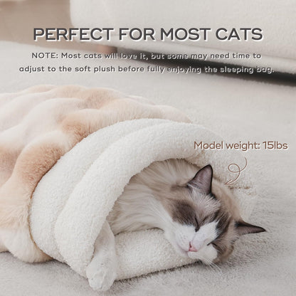 4 in 1 Cat Sleeping Bag 360° Wrap Cat Bed Plush & Warm Winter Sleeping Bag for Small Pets (Up to 15 lbs) Beige 21 × 17 Inch