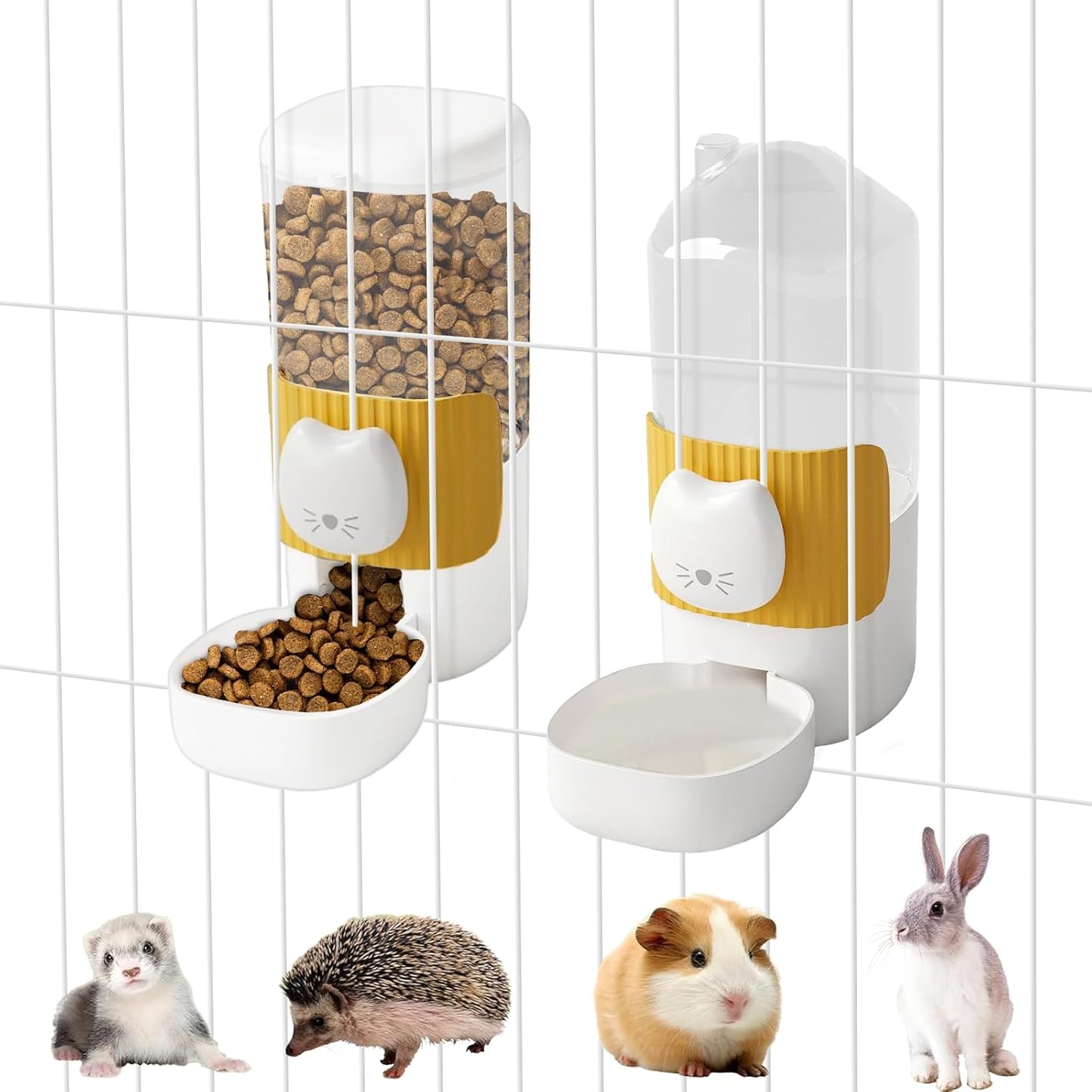 Rabbit Automatic Food Feeder and Water Dispenser Bunny Gravity Feeding Station Waterer Set Hanging Self-Dispensing Feeder for Ferret,Guinea Pigs Chinchillas Hedgehog (Yellow)