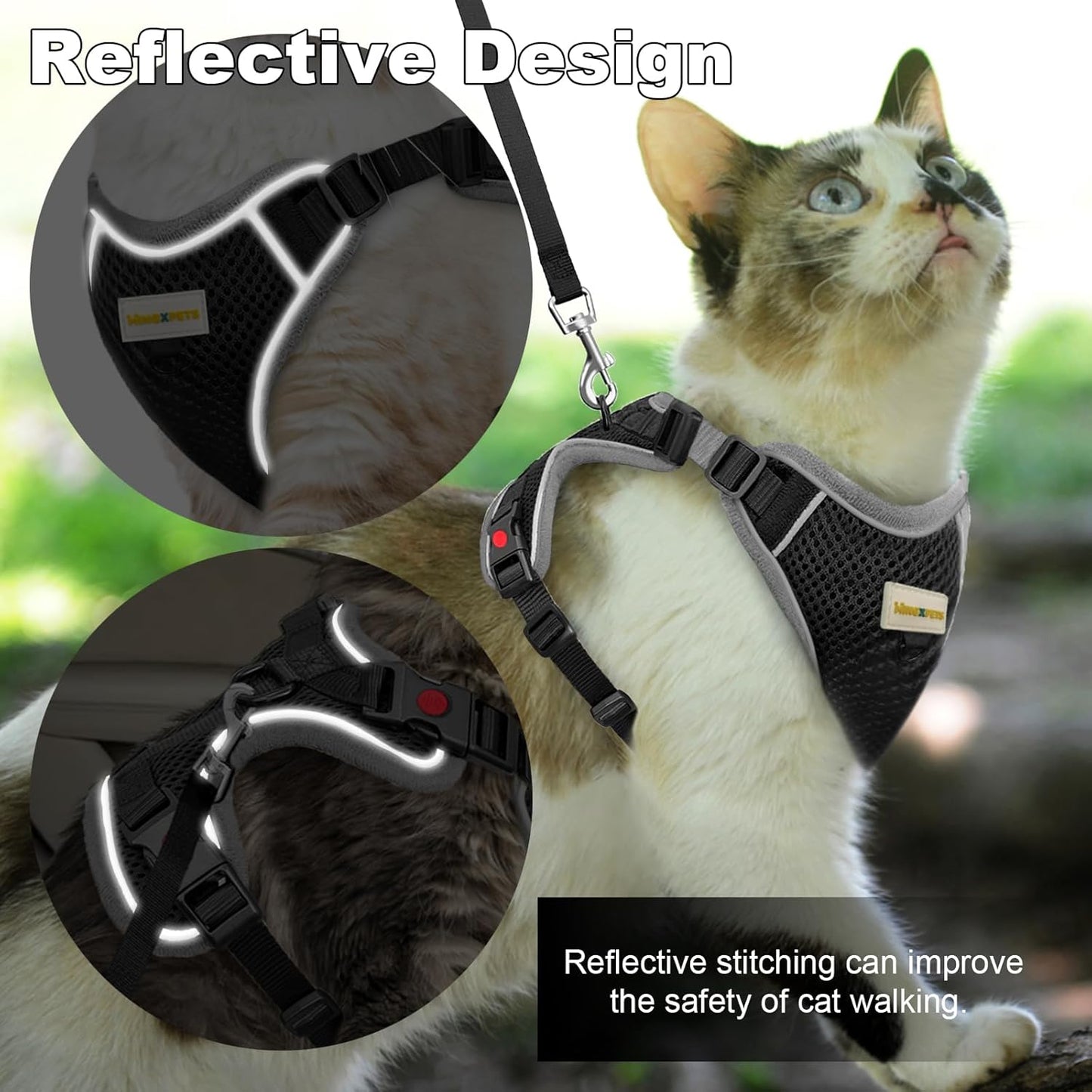 Cat Harness and Leash for Walking, Retractable Cat Harnesses and Leash Set Escape Proof, Breathable Soft Kitten Small Large Harness for Travel Training and Walking, Black, M