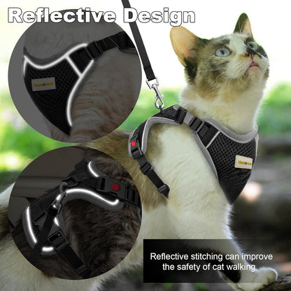 Cat Harness and Leash for Walking, Retractable Cat Harnesses and Leash Set Escape Proof, Breathable Soft Kitten Small Large Harness for Travel Training and Walking, Black, XS