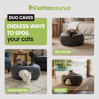 CATTASAURUS Peekaboo Cat Cave for Multiple & Large Cats Up to 30-45 Lbs, Scratch Detachable & Washable Tunnel Bed, Comfy Donut Cat Cave (Dark Gray + Dark Gray, Large)