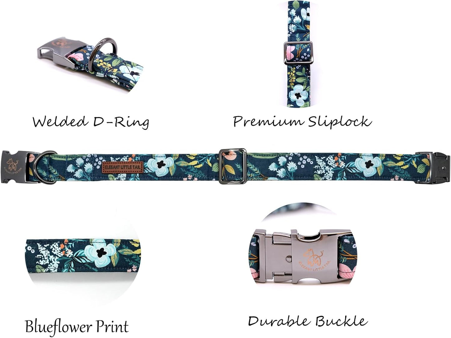 Elegant little tail Dog Collar, Floral Pet Collar Durable Darkblue Flower Dog Collars Male or Female Holiday Pet Gift Adjustable Dog Collar for Small Dogs