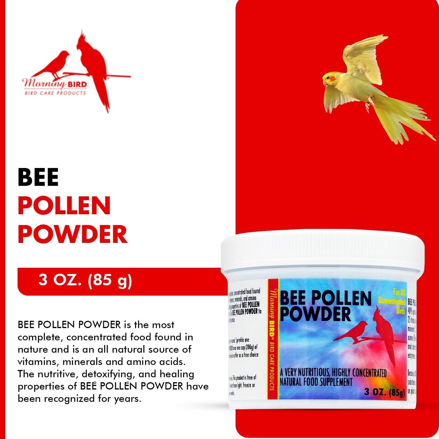 Morning Bird Bee Pollen Powder for Birds 3 Oz – Complete Nutrition with Protein, Amino Acids & Immune Support – Bird Vitamin & Mineral Supplement for Daily Health & Wellness
