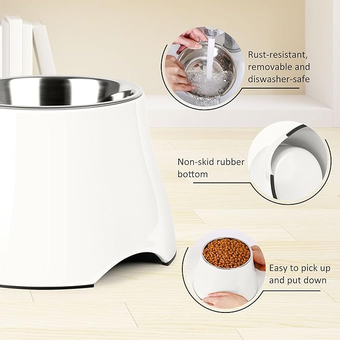Dog Bowls,Cone Friendly Non Slip Single Dog Bowl with Stainless Steel Inner, Raised Bowls for Small Dogs Spaniel Dogs Long Ear, High Capacity, S/1 Cup White