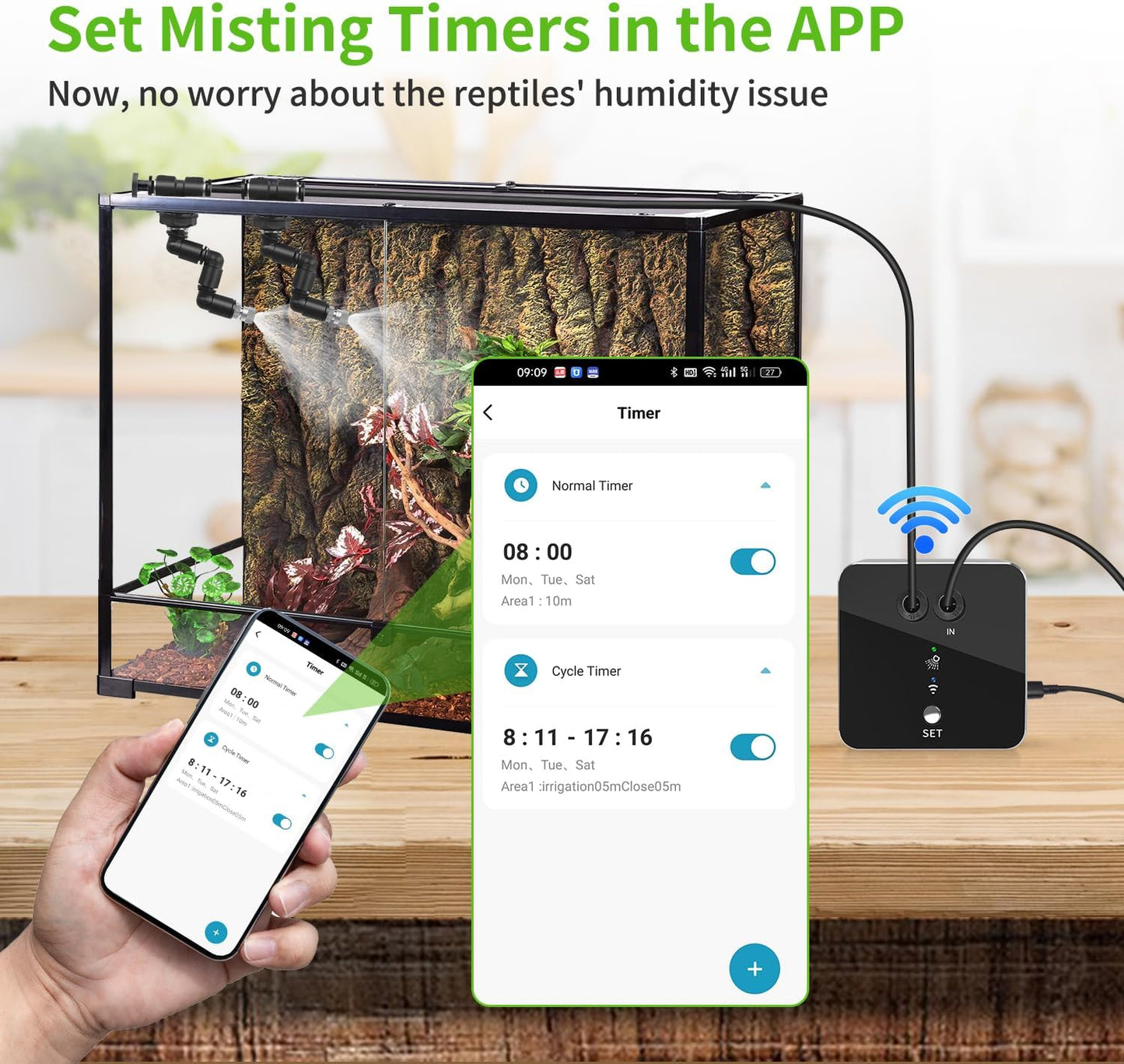 Reptile mister, WiFi reptile humidifier withAPP control, automatic mister for reptile tank,terrarium, adjustable 360° nozzle, self-priming pump, easy to use