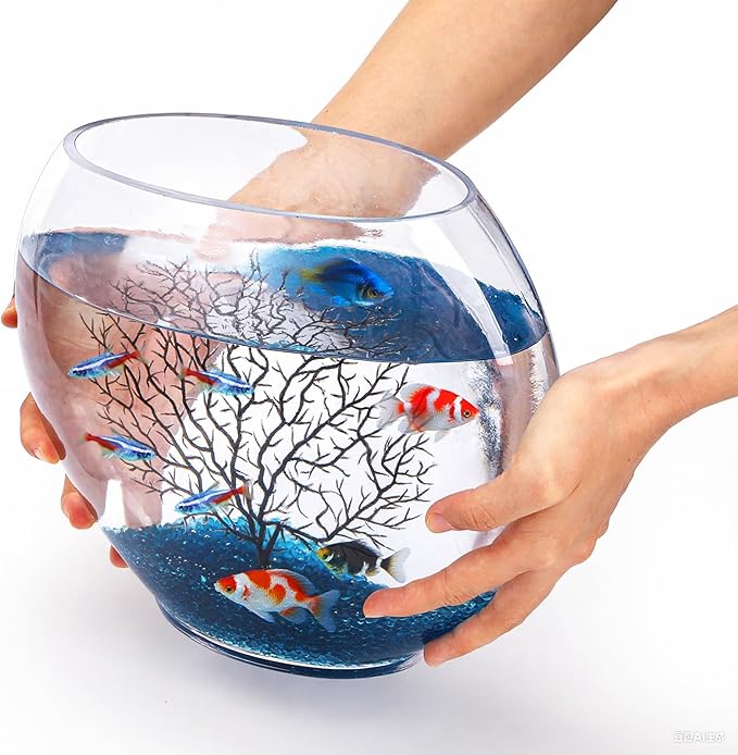Okllen Mini Glass Fish Bowl, Oblate Small Fish Tank with Blue Aquarium Decor Sands and Plastic Coral Branch Tree Ornament for Betta Fish Aquarium, 1Gallon