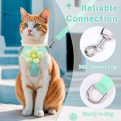 Cat Harness and Leash Set for Walking Escape Proof, Adjustable Kitten Harness Breathable Mesh with Reflective Strips Harness with Flower for Kitty Puppy Bunny Green S