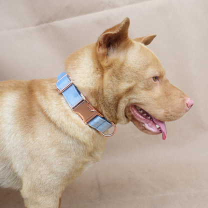 PETDURO Personalized Dog Collar Dusty Blue Soft Velvet for Large Medium Small Boy Girl Dogs - Custom Collar with Name Phone Engraved on Rose Gold Metal Buckle - Add Leash Bow Set via Customize Now