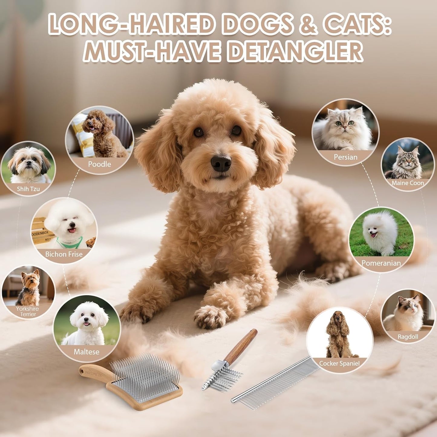 Long Pin Dog Slicker Brush for Poodles, Golden Doodles & Cats - 3-Piece Grooming Kit with Dematting Comb and Pet Comb, Large Wooden Handle Deshedding Tools for Thick Hair Mats Removal