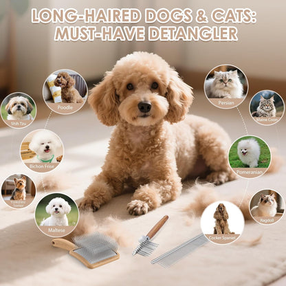 Long Pin Dog Slicker Brush for Poodles, Golden Doodles & Cats - 3-Piece Grooming Kit with Dematting Comb and Pet Comb, Large Wooden Handle Deshedding Tools for Thick Hair Mats Removal