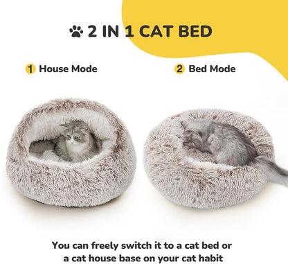 CATISM Cat Bed, Plush Hooded Cat Beds for Indoor Cats, Self Warming Cats Beds Cave, Cozy Pod for Indoor Kitten or Small Dog, Removable Washable with Non-Slip Bottom