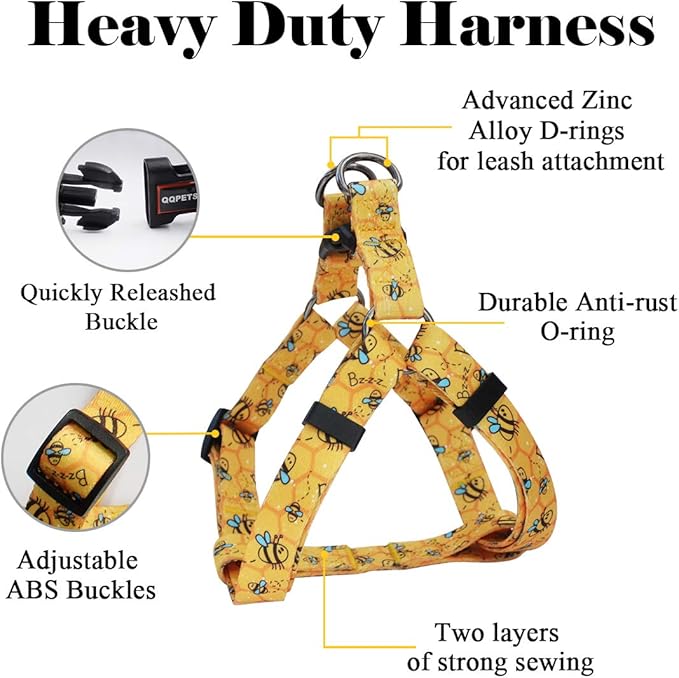 QQPETS Dog Harness Leash Set Adjustable Heavy Duty No Pull Halter Harnesses for Small Medium Large Breed Dogs Back Clip Anti-Twist Perfect for Walking (XS(12"-18" Chest Girth), Yellow Bee)