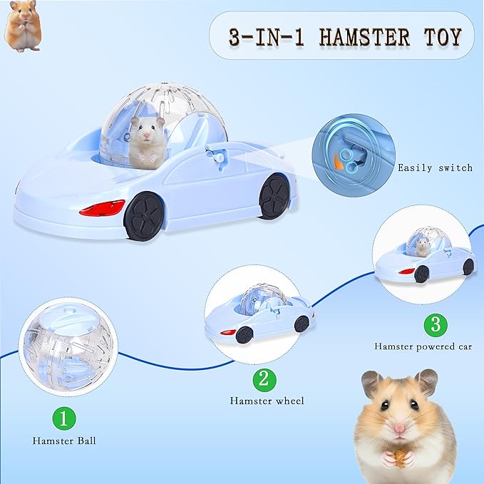 3-in-1 Hamster Car Toy, Silent Dwarf Hamster Running Ball and Exercise Wheel 4.8 Inches, Small Pet Activity Center (Blue)