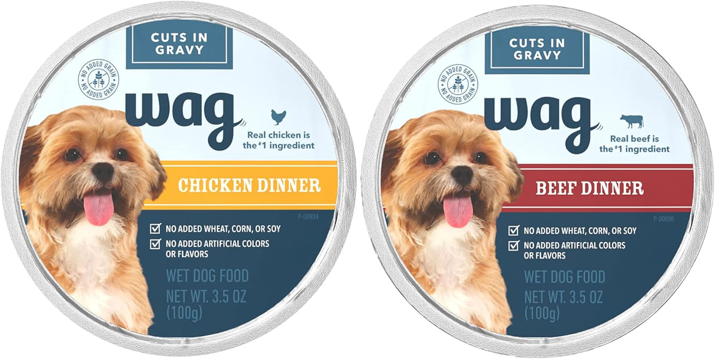 Amazon Brand – Wag Wet Dog Food Cups, Chicken & Beef in Gravy Variety Pack, 3.5oz, 12 pack
