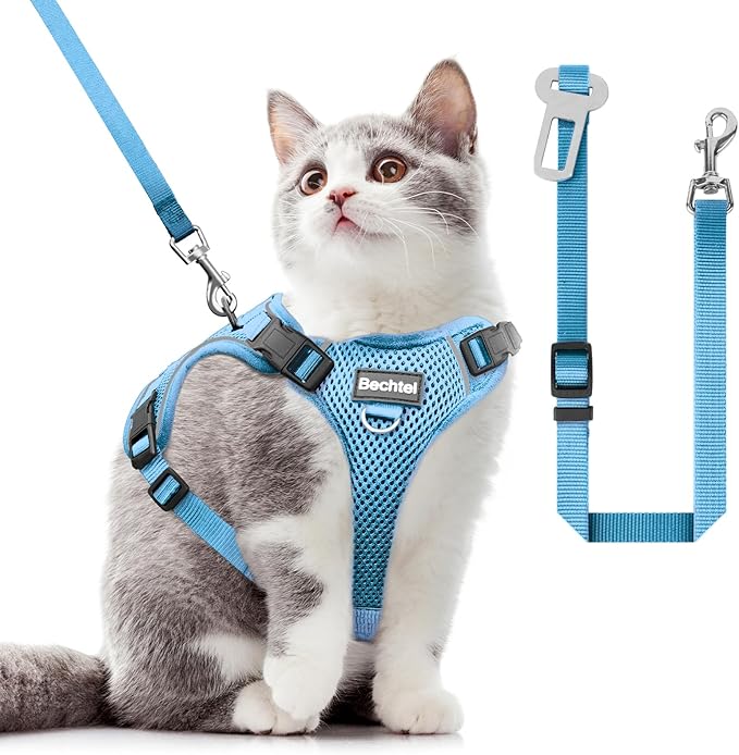 Cat Harness and Leash for Walking, The Upgrade Can be Adjusted in Four Directions and Breathable Cat Harness for Anti Escape That can be Fitted and Positioned, Reflective Strips Harness, Blue, XS