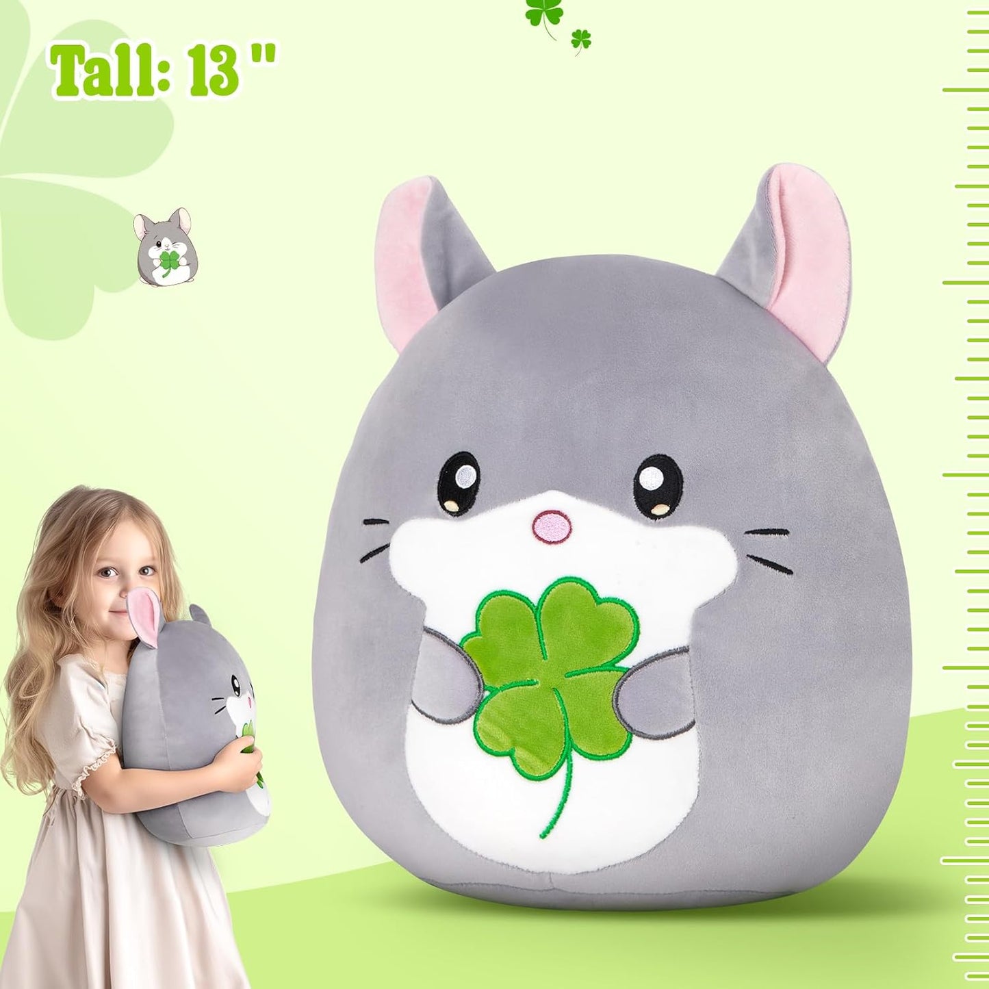 13-Inch Chinchilla Plush Pillow with Four-Leaf Clover, Ultrasoft Grey Chinchilla Stuffed Animal Toy Hugging Throw Toy Gifts for Bedding, Kids Sleeping Kawaii Pillow