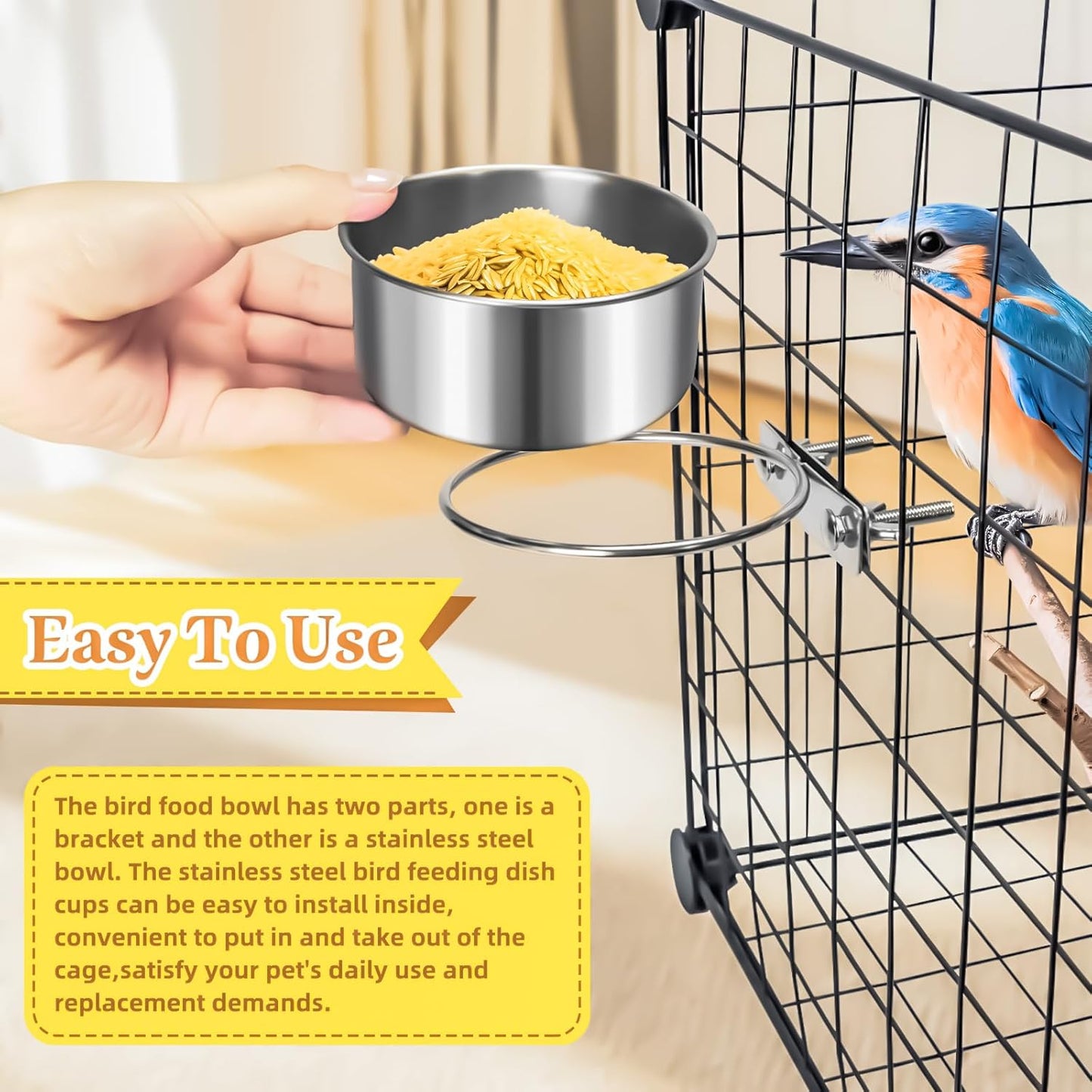 MotBach 3 Pack Bird Feeding Bowls Cups Parrot Food Water Dishes, Stainless Steel Bird Bowl Cup Dish with Clamp, Birdcage Feeder Pet Cage Bowls for Parrot Cockatiel Budgie Conure Parakeet Small Animal