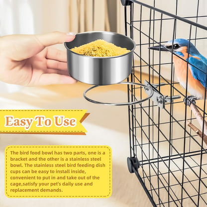 MotBach 3 Pack Bird Feeding Bowls Cups Parrot Food Water Dishes, Stainless Steel Bird Bowl Cup Dish with Clamp, Birdcage Feeder Pet Cage Bowls for Parrot Cockatiel Budgie Conure Parakeet Small Animal