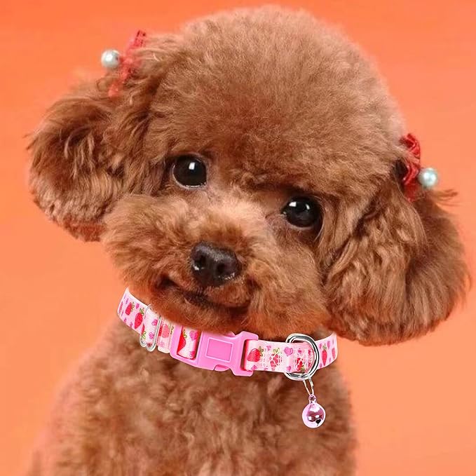 Cute Pink XXS xs Dog Collar with Bell, Soft Adjustable Strawberry Puppy Collar Tiny Cat Collars with Bells for XS Small Girl Female Dogs Little Animal,XSmall