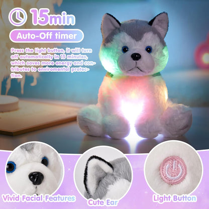 Houwsbaby 12'' Gray Light up Husky Stuffed Animal Dog Floppy LED Plush Toy Puppy Night Lights Glow Pillow Birthday Festival for Kids Toddler Girls