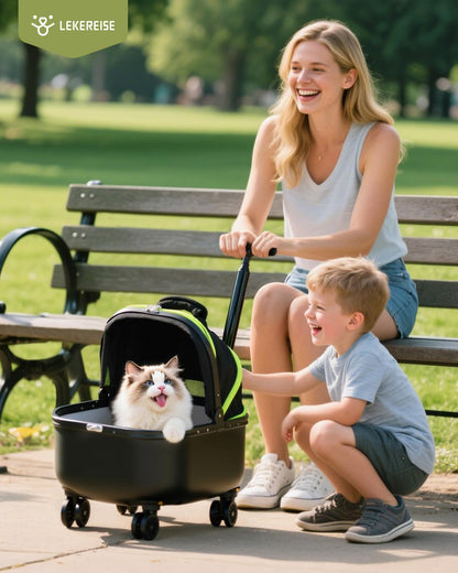 Lekereise Cat Carrier with Wheels (Black), 180° Wide Open Rolling Cat Carrier for Outdoor Adventures, Silent Wheels & Hard Bottom for Park/Camping, Portable Pet Travel Carrier for Cats Up to 15 lbs