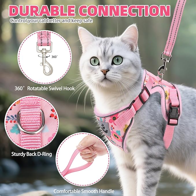 PUPTECK Cat Harness and Leash Set Escape Proof Reflective Cat Walking Harness Adjustable Soft Breathable Mesh Vest for Small Pets, Pink Flowers, S