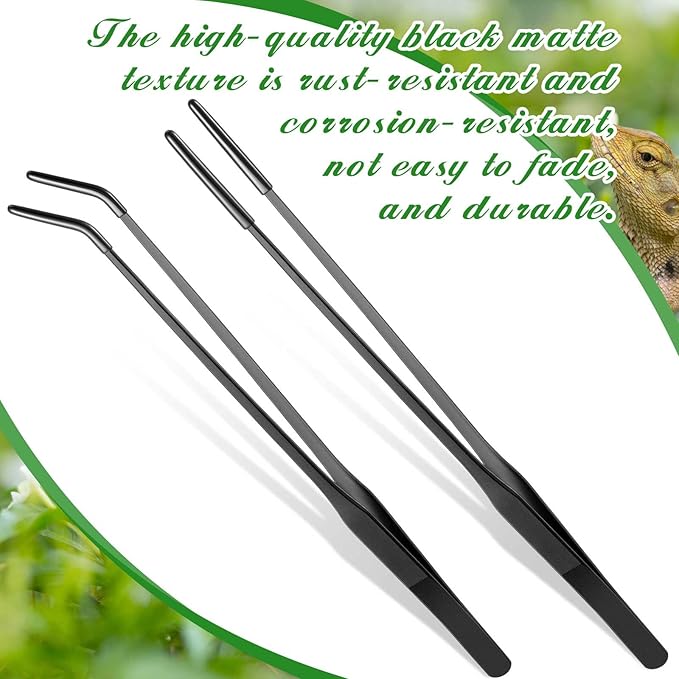 Lasnten 2 Pcs Extra Long Stainless Steel Reptile Feeding Tongs with Rubber Tip Bearded Dragon Aquarium Straight and Curved Long Tweezer Terrarium Feeder Tool for Tank(Black, 15 Inch)