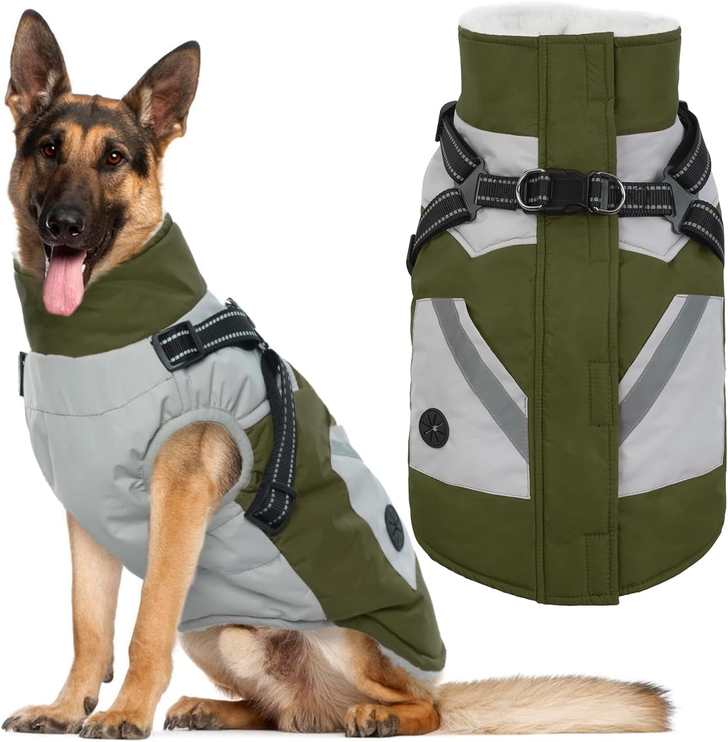 IECOii Dog Jacket Winter Harness Built in -Green,XXXLarge- Zip Up Dog Coat Winter Clothes for Large Dogs Waterproof, Dogs Snowsuit Snow Jacket D-Rring Labrador German Shepherd Doberman Rottweiler
