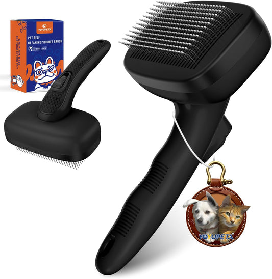 Dog Self Cleaning Slicker Brush for Shedding, Ideal for Short Long Haired Dogs, Including Cat. Removes Loose Fur, Undercoat, Mats, Tangled Hair. Suit for Large Medium Small Animal, Black