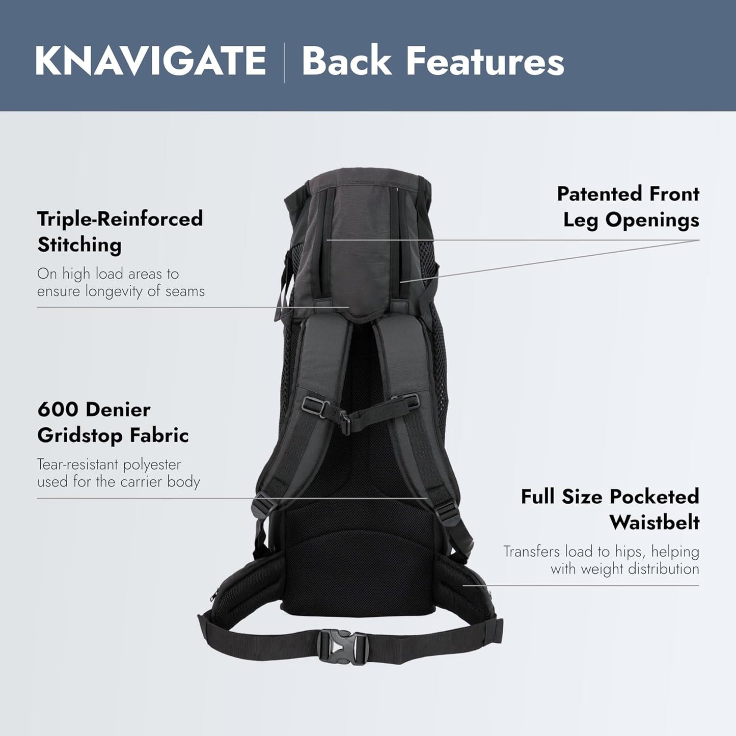 K9 Sport Sack Knavigate - Large, Midnight Black - Ideal for Dogs with 20-22” Back Length - Adjustable, Backpack-Style Carrier with Internal Frame & Padded Hip Belt