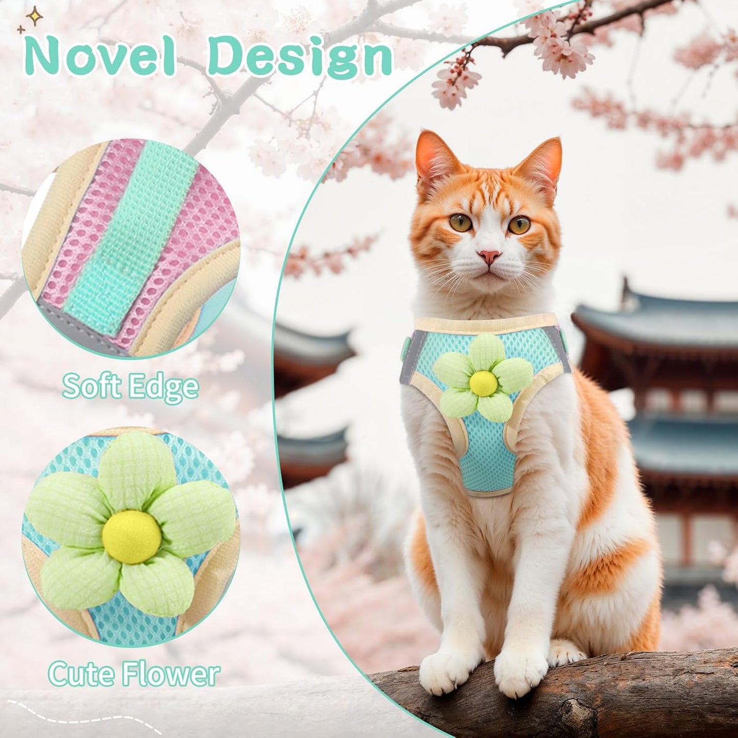 Cat Harness and Leash Set for Walking Escape Proof, Adjustable Kitten Harness Breathable Mesh with Reflective Strips Harness with Flower for Kitty Puppy Bunny Green S