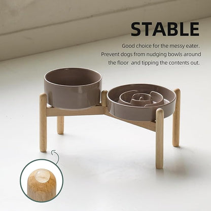 Ceramic Raised Slow Feeder Dog Bowl Set, Elevated 6.1inch Bowl and 7.3inch Puzzle Slow Food Dish with Wooden Stand for Small and Medium Dog, Anti-Gulping (2X Brown Coffee+ Stand)