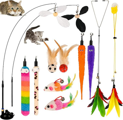 Cat Feather Toys, Enhanced Suction Cup Cat Toys, Interactive Cats Teaser Wand, 10pcs Fishing Pole Feathers Toy Replacements & 2pcs Bouncy Balls, 2 Types Door Hanging Cats String Toy
