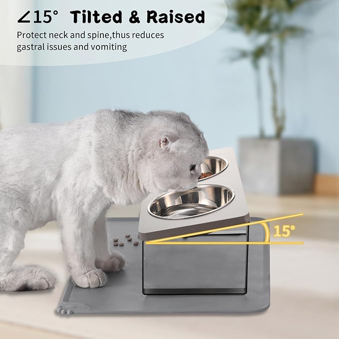 Upgraded Elevated Cat Bowls with Food Mat,15°Tilted Stand Anti Vomiting Raised Cat Dishes for Food and Water,2 Stainless Steel Bowls for Cats and Puppy（Gray）