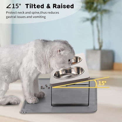 Upgraded Elevated Cat Bowls with Food Mat,15°Tilted Stand Anti Vomiting Raised Cat Dishes for Food and Water,2 Stainless Steel Bowls for Cats and Puppy（Gray）