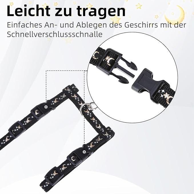 PUPTECK Adjustable Cat Harness and Leash Set Escape Proof Kitten Strap Collar for Walking Travel, Moon&Star