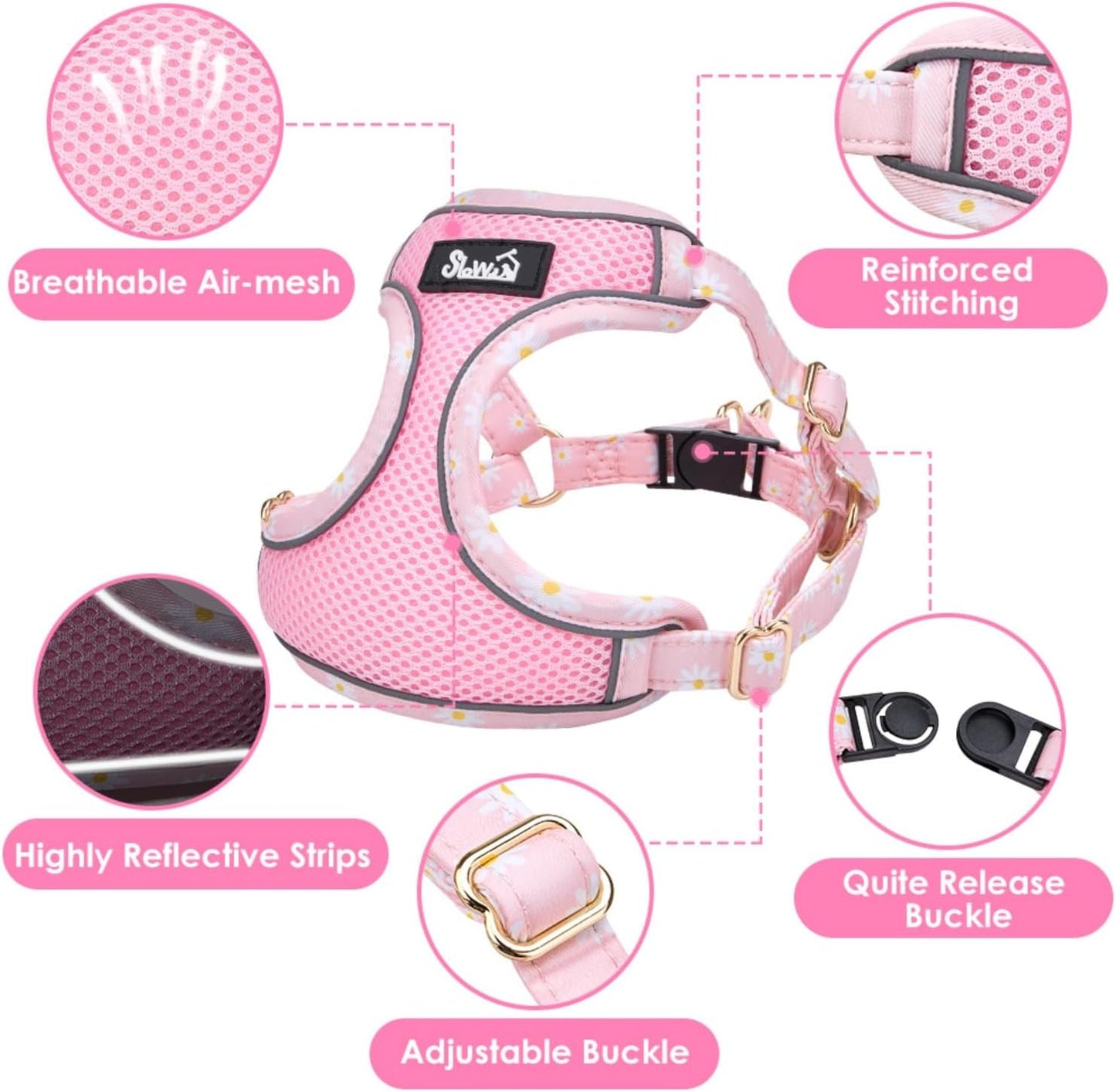 SlowTon Small Dog Harness - No Pull Dog Harness and Leash Set, Soft Mesh Lightweight Puppy Vest Harnesses, Adjustable Pet Harnesses for XXS XS Small Medium Easy Walk Hiking (Pink, XS)