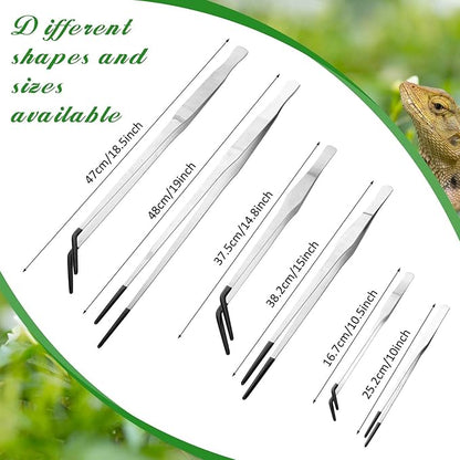 Lasnten 2 Pcs Extra Long Stainless Steel Reptile Feeding Tongs with Rubber Tip Bearded Dragon Aquarium Straight and Curved Long Tweezer Terrarium Feeder Tool for Tank(Silver, 15 Inch)