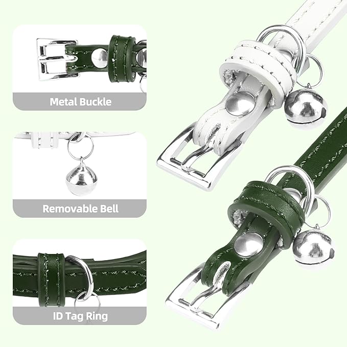PUPTECK 2 PCS Soft Genuine Leather Cat Kitten Collar with Bells Adjustable for Girl Boy Cats Puppy - White, Deep Green