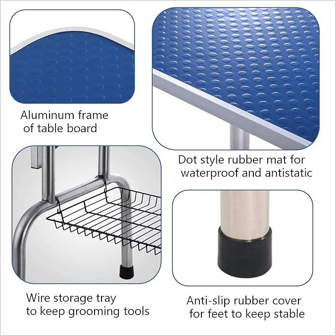 42" Dog Grooming Table Foldable Pet Grooming Tables with Adjustable Arm Noose Storage Mesh Tray Maximum Capacity Up to 330lbs Blue
