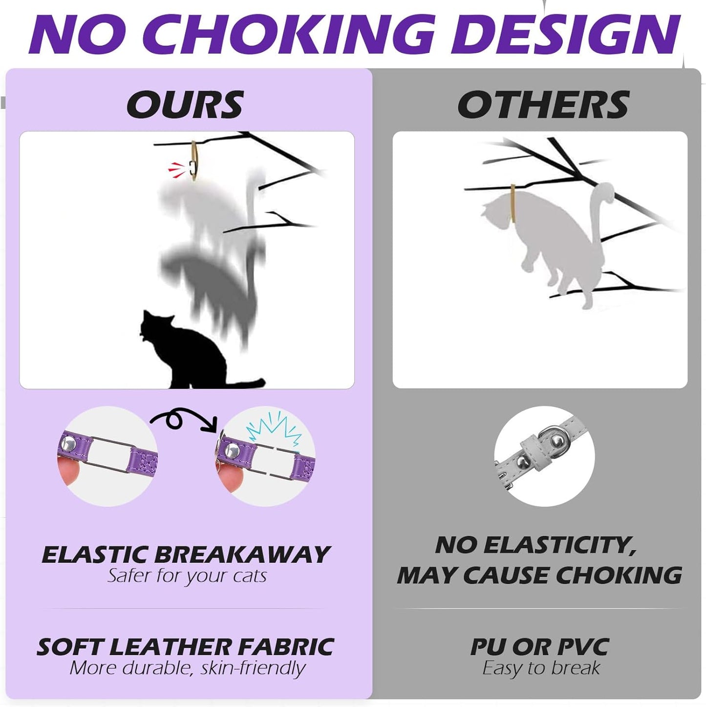 EXPAWLORER Leather Cat Collar for Girl Boy- Adjustable Pet Collar with Safety Elastic Belt,Personalized Punk Accessories Buckle Collars with Bell & Durable D-Ring, Skull(Purple)