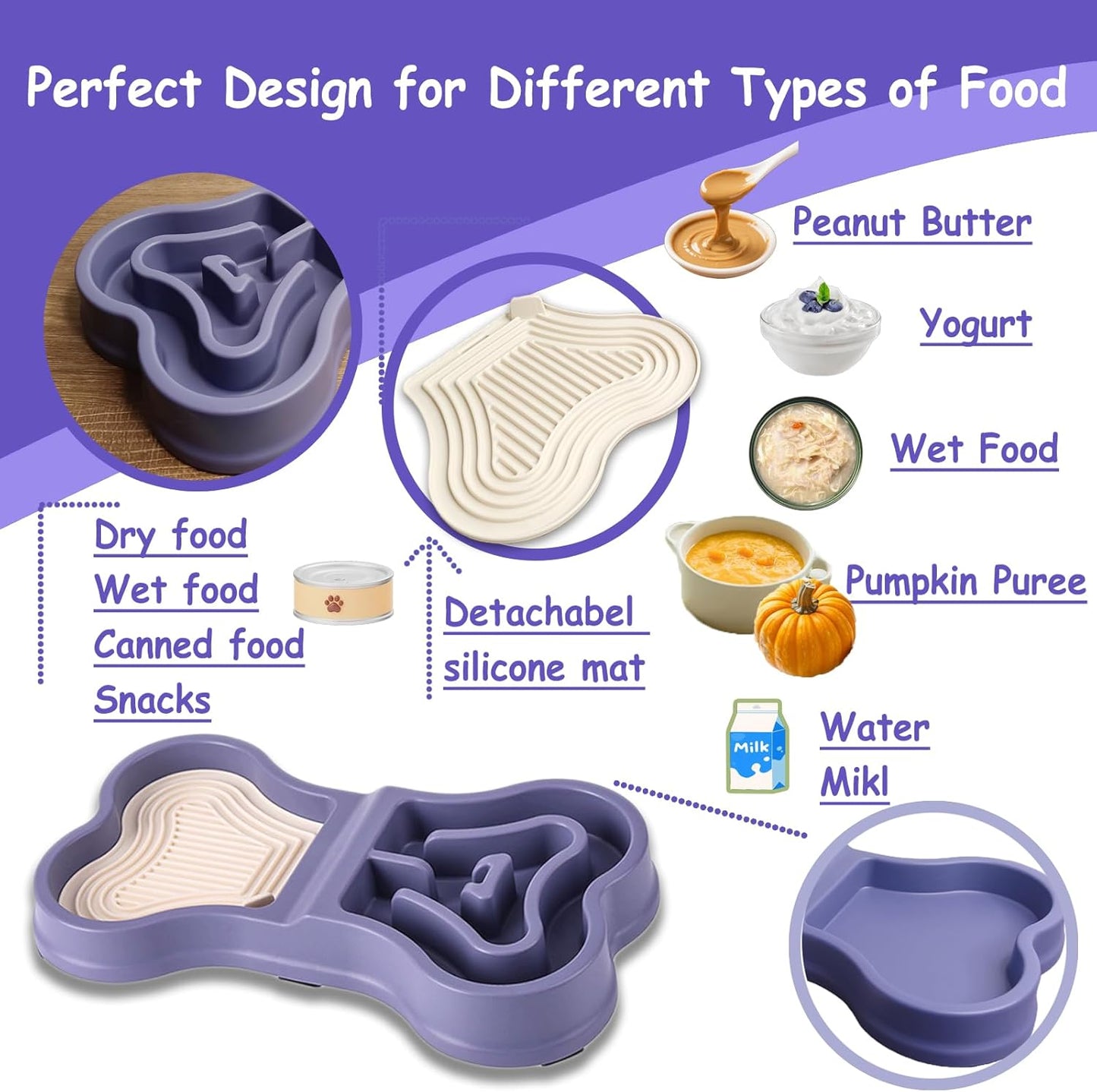 Bone Slow Feeder Bowl for Dogs Cats - 2-in-1 Lick Mat & Water Dish with 6 Non-Slip Pads, Food-Grade PP & Silicone Pet Bowl for Anti-Choking，Fun Feeding，Anxiety Relief (Purple)