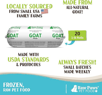 Raw Paws Signature Blend Pet Food for Dogs & Cats - Goat Recipe, 1-lb Rolls (20 Pack) - Fresh Raw Pet Food Made in USA, Natural Dog Food Rolls, Small-Batch Frozen Goat Dog Food, Raw Frozen