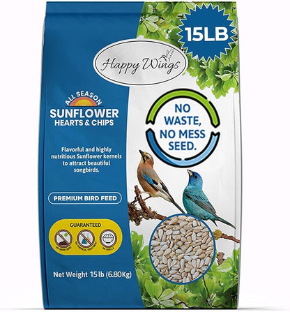 Happy Wings Sunflower Hearts & Chips Bird Food 15 lbs No Mess, No Waste Seed No Grow Formula Ideal for Wild Birds, Finches, Sparrows, and Year-Round Feeding.