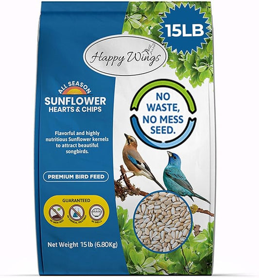 Happy Wings Sunflower Hearts & Chips Bird Food 15 lbs No Mess, No Waste Seed No Grow Formula Ideal for Wild Birds, Finches, Sparrows, and Year-Round Feeding.